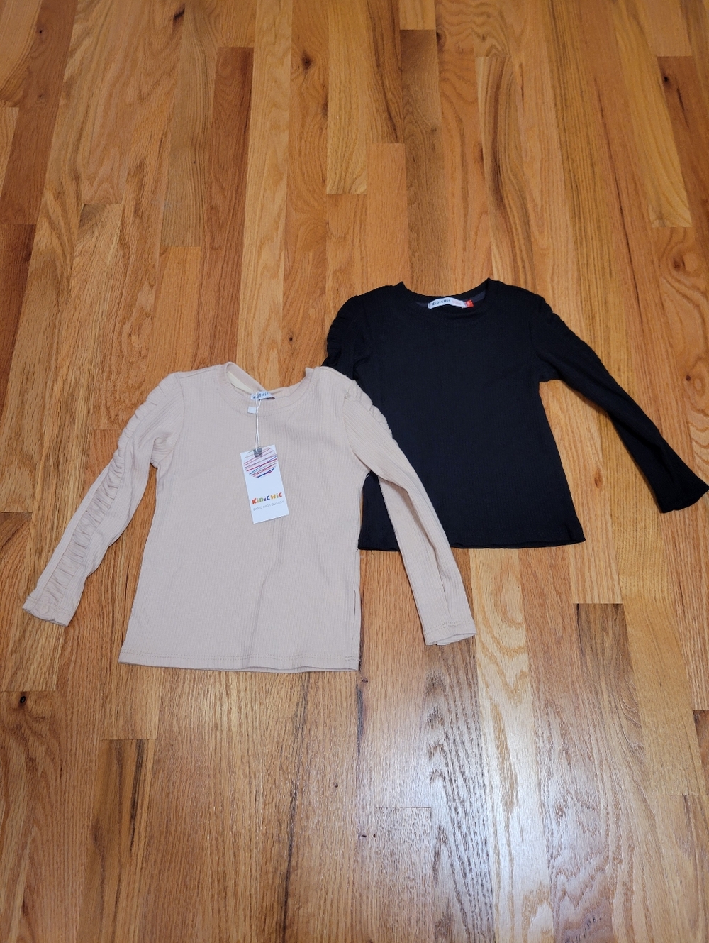 NWT Girls Kidi Chic Black & Beige Ribbed Ruffle Long Sleeve Shirt Bundle - 4T